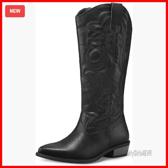 Women's Embroidered Western Cowboy Boots Mid Calf Pull On Chunky Heel